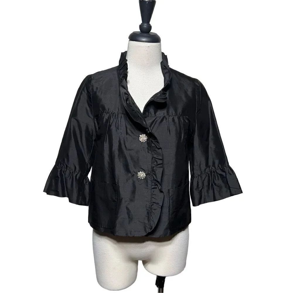 Molly B Black Ruffled Cropped Silk Jacket Size 2 Rhinestone Buttons
